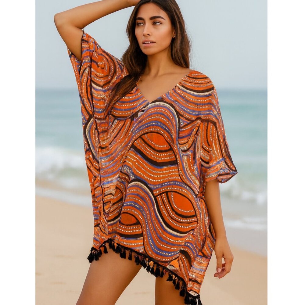 Lara Guidotti Poncho Kaftan Kimono Viscose Silk Beach Cover-up Tassels size M
